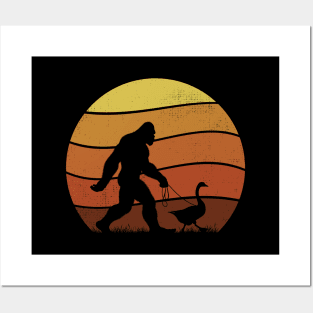 Funny Bigfoot Walking a Goose Vintage Retro Sunset Posters and Art